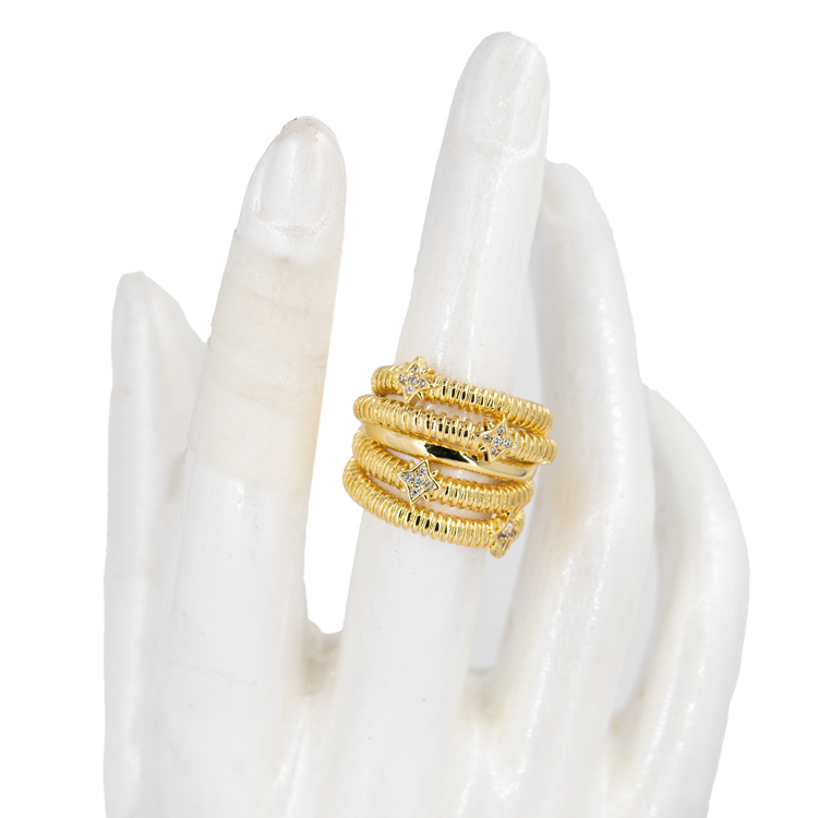 ANILLO ESPIRAL ESTRELLAS BAÑO EN RODIO