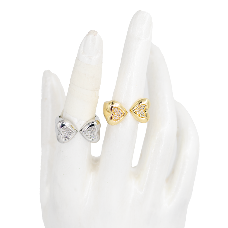 ANILLO CORAZONES DOBLES DORADOS BAÑO EN RODIO