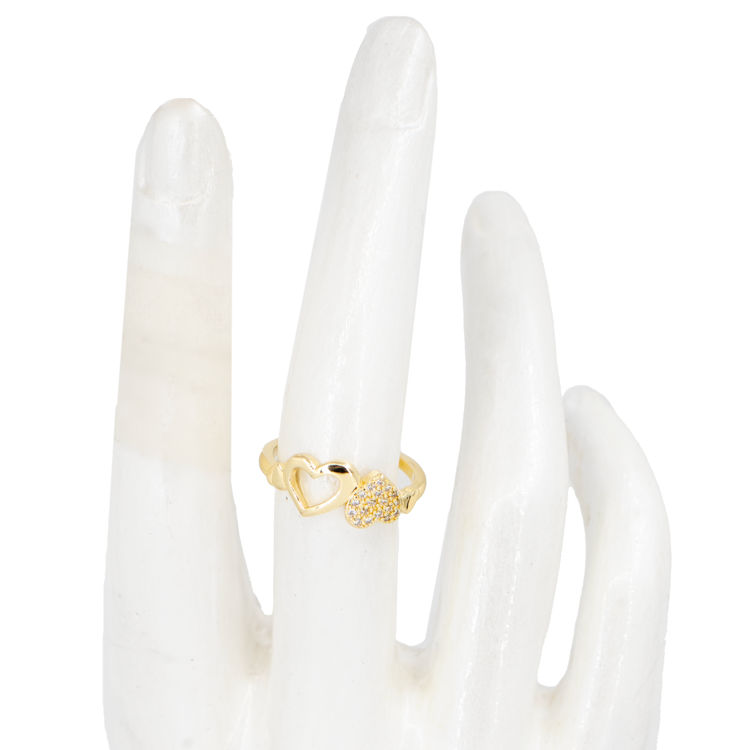 ANILLO SILUETA CORAZÓN Y CORAZÓN CIRCONADO BAÑO EN RODIO
