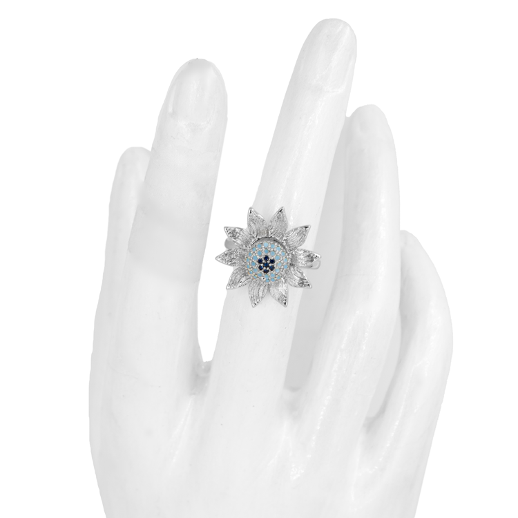 ANILLO GIRASOL AZUL GIRATORIO BAÑO EN RODIO