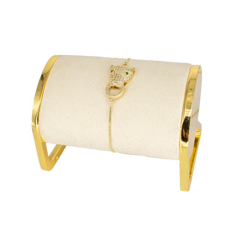 DIJE PANTERA CIRCON CON OJOS VERDES DORADA BAÑO EN RODIO