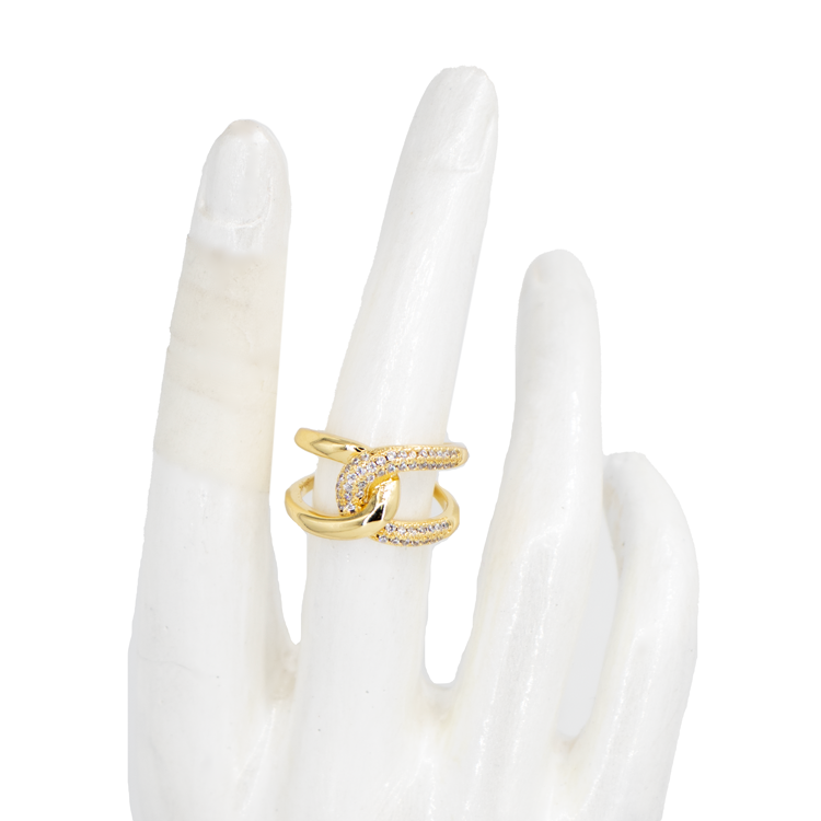 ANILLO LAZOS CIRCONADO DORADO BAÑO EN RODIO