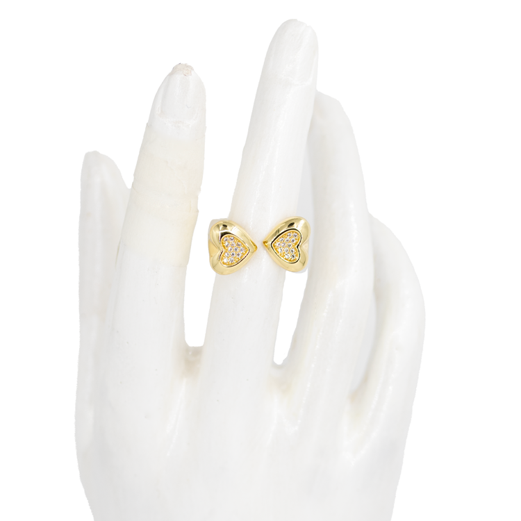 ANILLO CORAZONES DOBLES DORADOS BAÑO EN RODIO