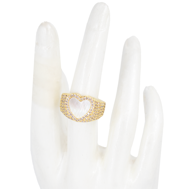 ANILLO CIRCONADO CORAZÓN OPALO DORADO BAÑO EN RODIO