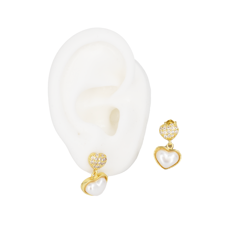 TOPO DOBLE CORAZÓN CIRCON Y PERLA BAÑO EN RODIO