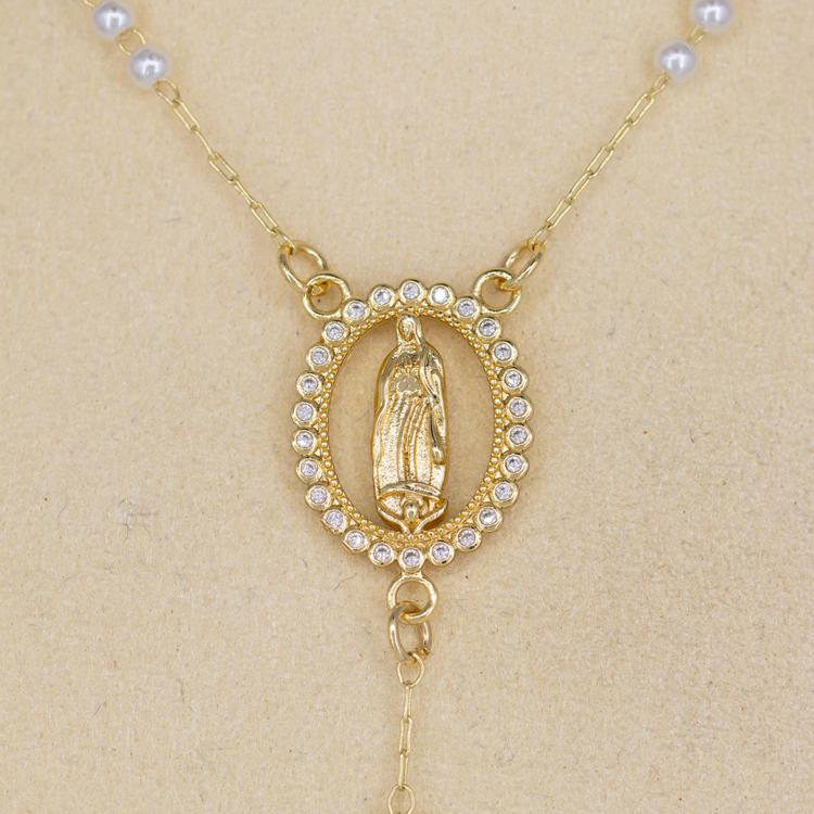 CAMANDULA VIRGEN GUADALUPE 3MM 45CM PERLA BAÑO EN RODIO