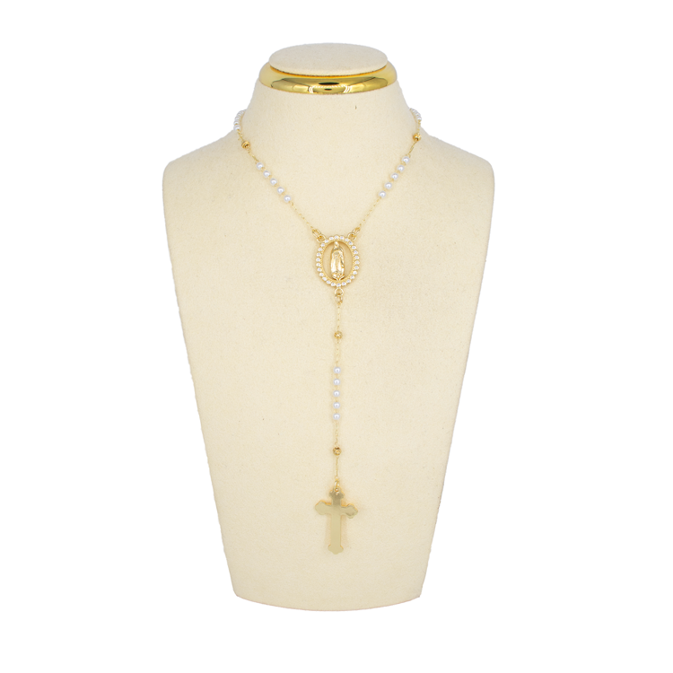 CAMANDULA VIRGEN GUADALUPE 3MM 45CM PERLA BAÑO EN RODIO