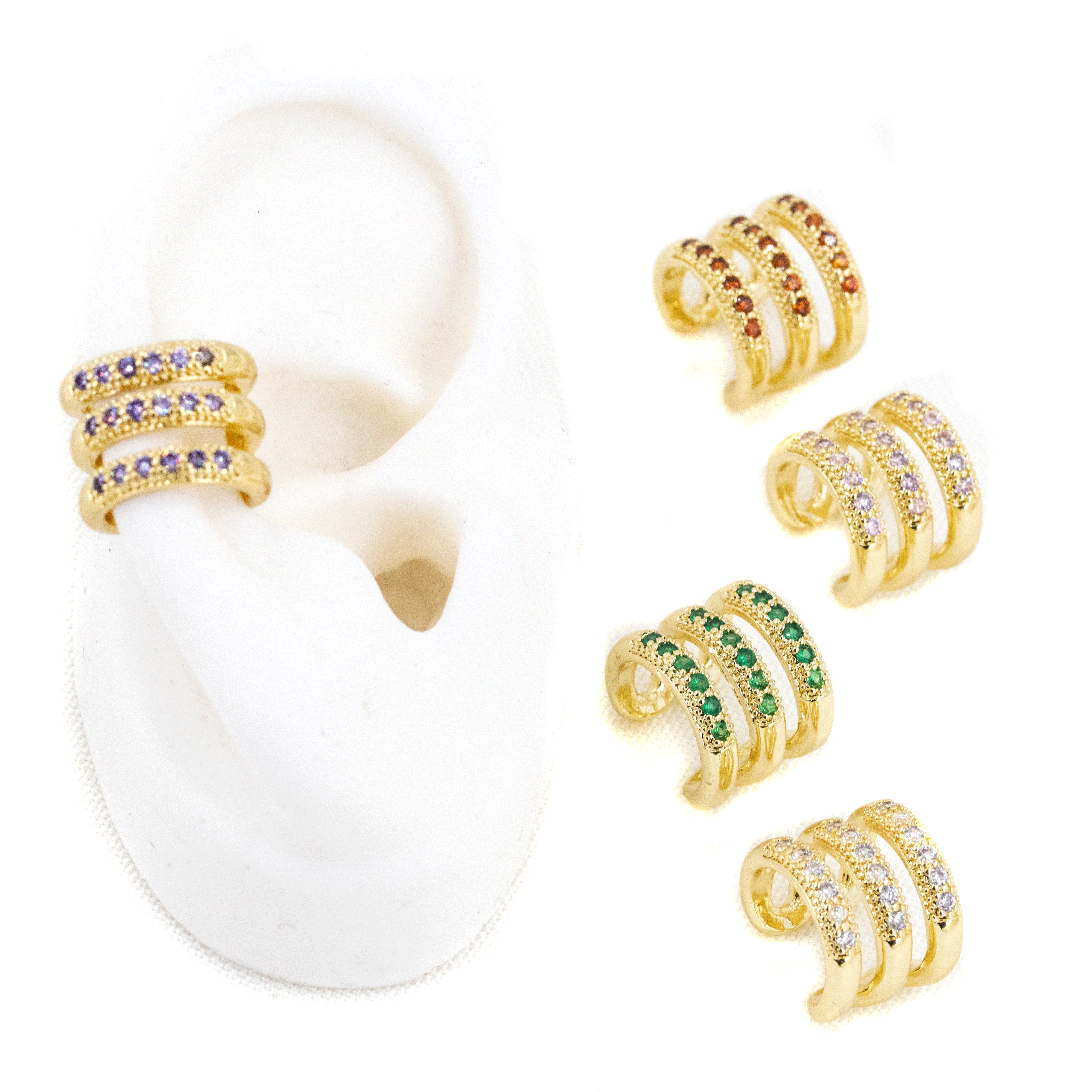 EARCUFF TRIPLE CIRCON BAÑO EN RODIO