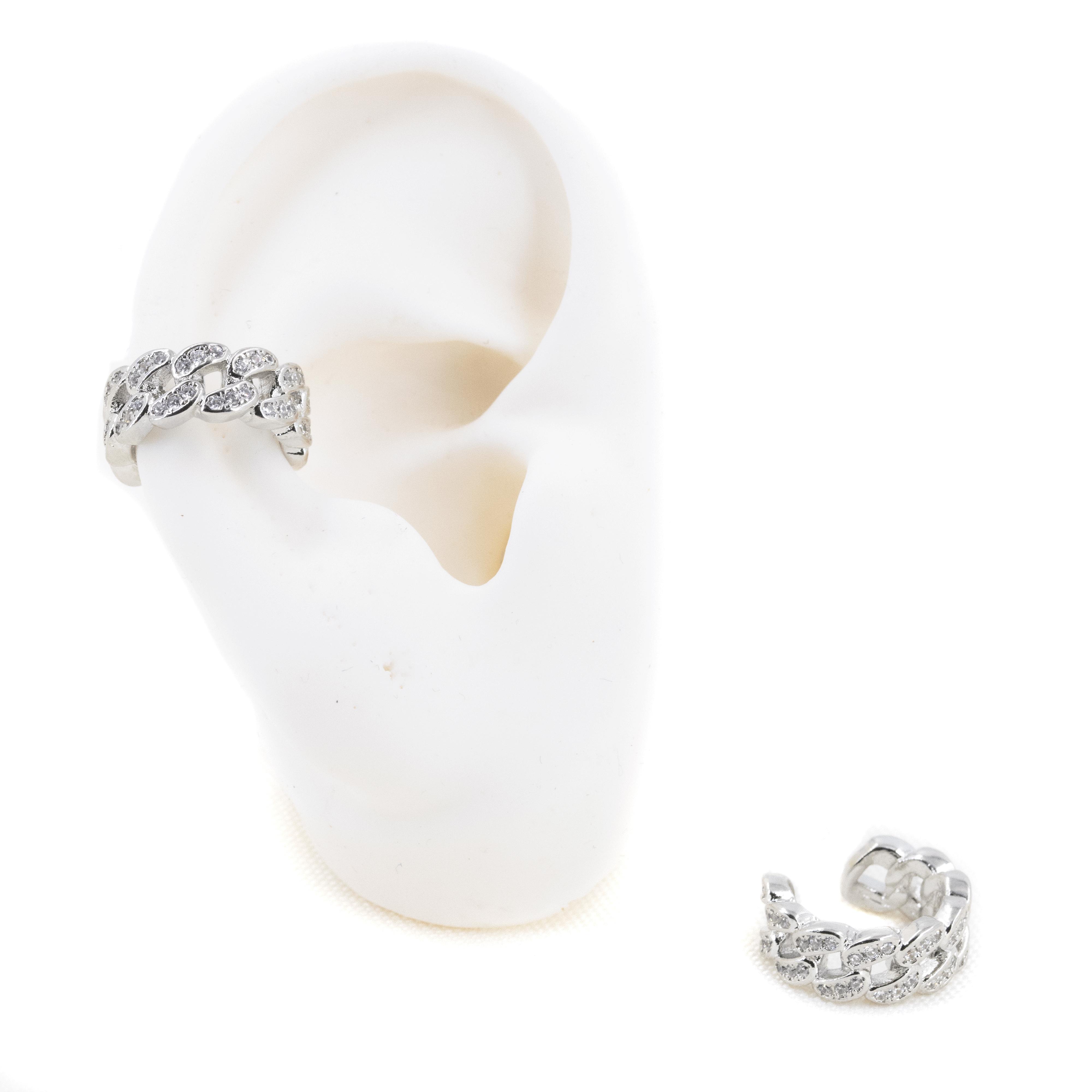 EARCUFF CADENA CIRCON BLANCO PLATEADO BAÑO EN RODIO