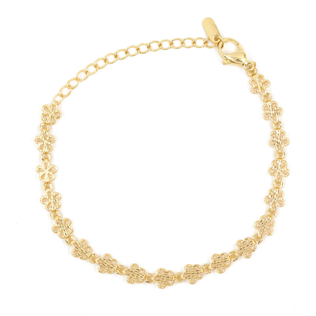 PULSERA CADENETA DE FLORES DOBLES BAÑO EN RODIO