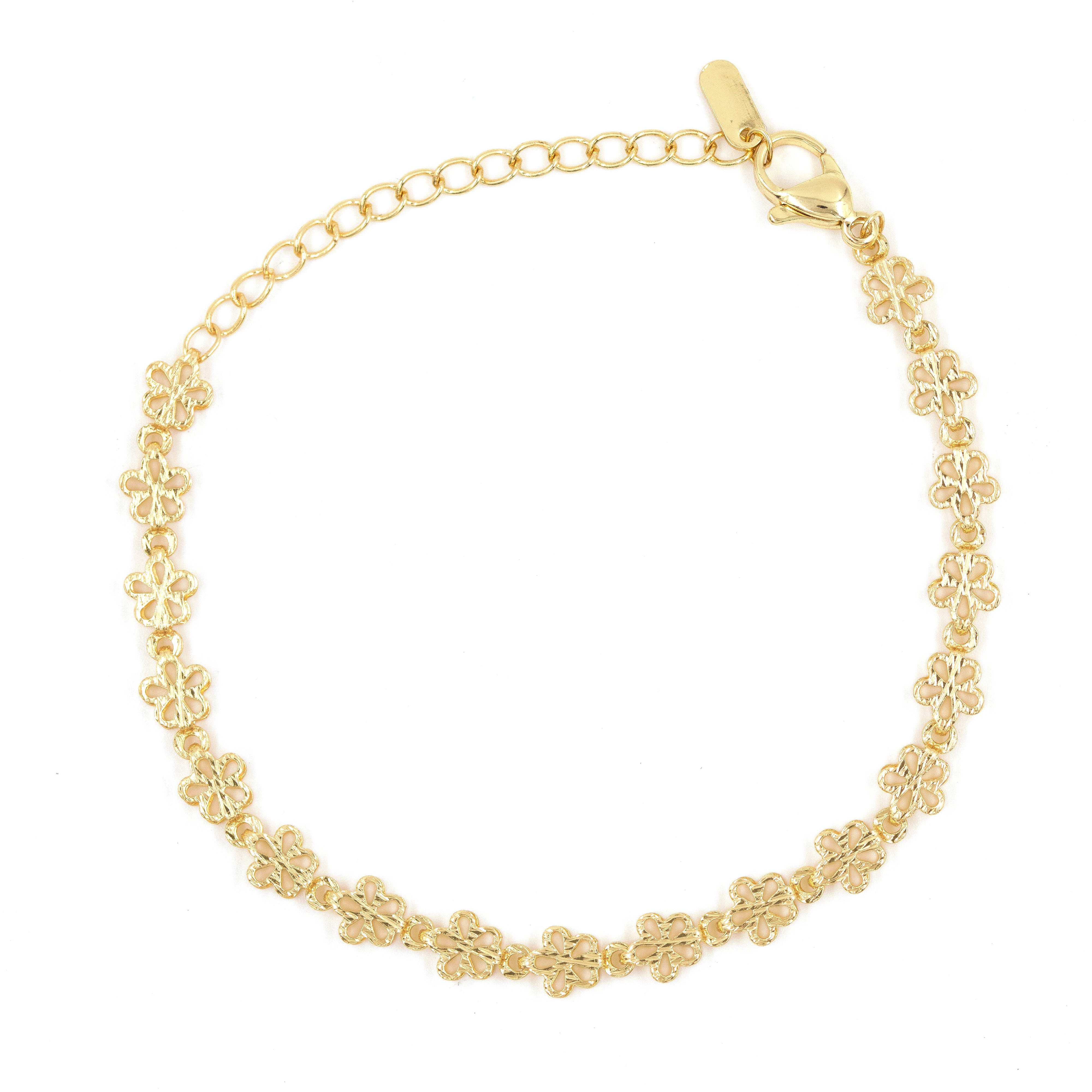 PULSERA CADENETA DE FLORES DOBLES BAÑO EN RODIO