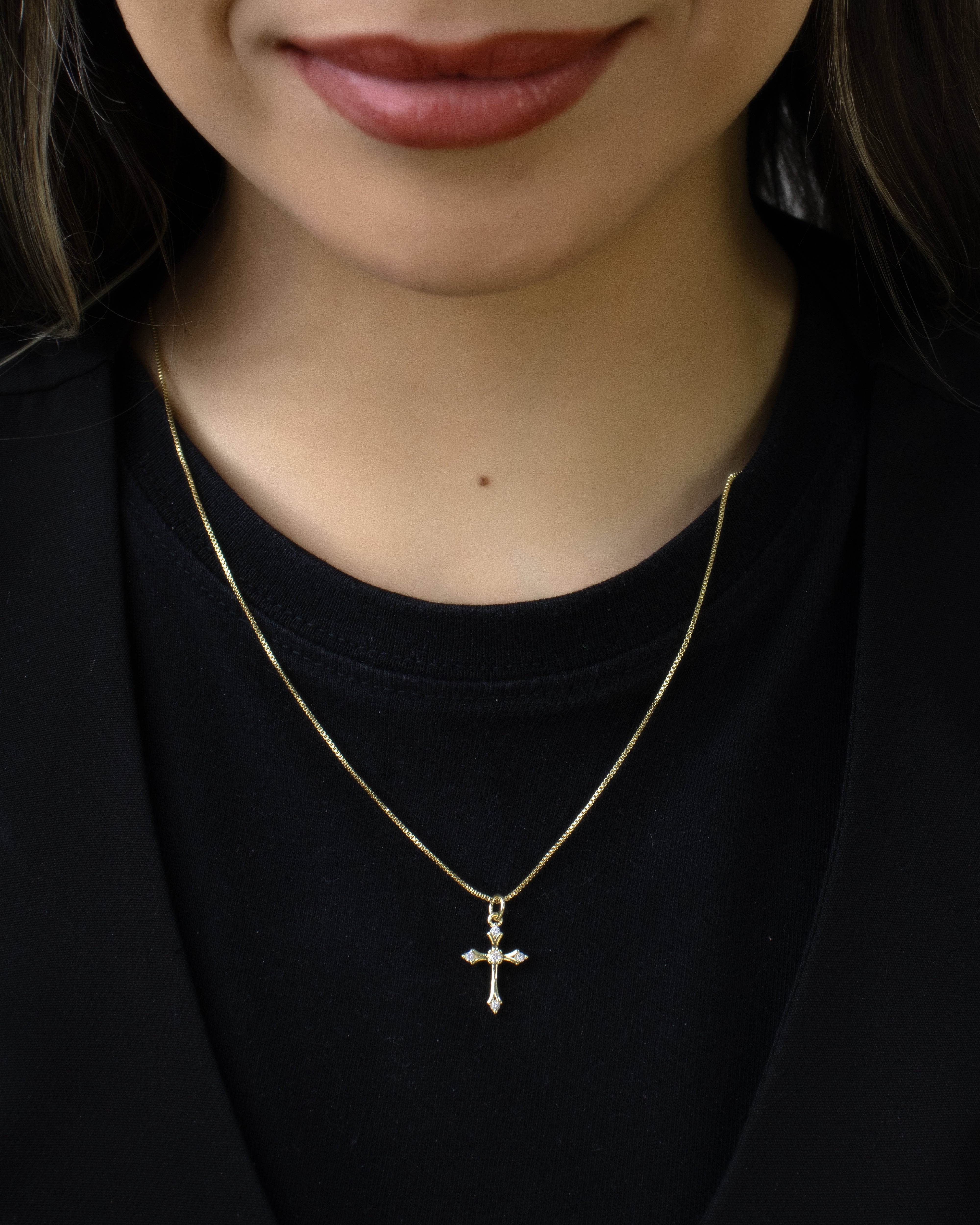 DIJE CRUZ PUNTAS CIRCON BLANCO BAÑO EN RODIO