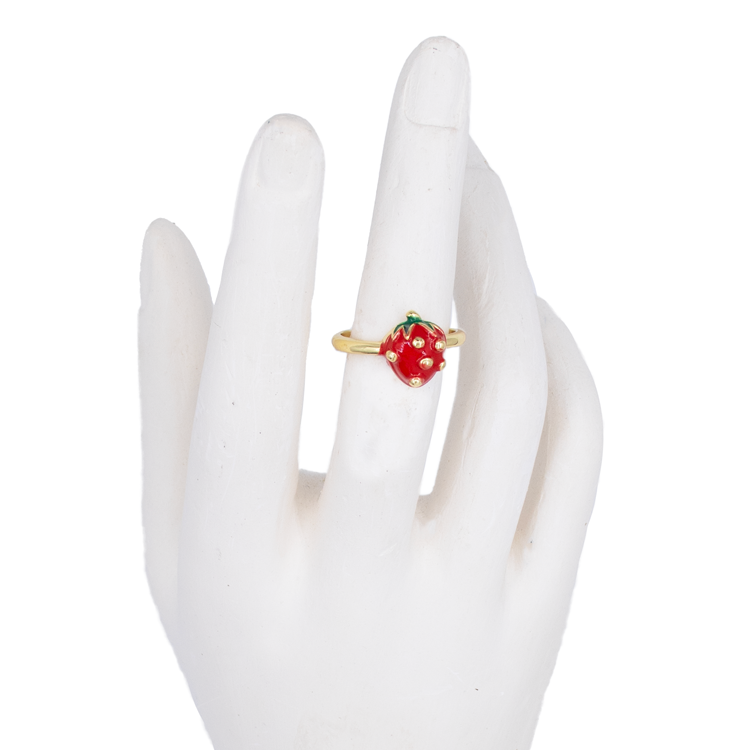 ANILLO FRESA MEDIANA HOJA VERDE BAÑO EN RODIO