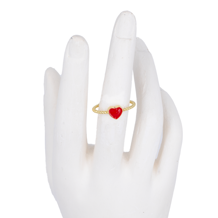 ANILLO CORAZON LISO ROJO BAÑO EN RODIO