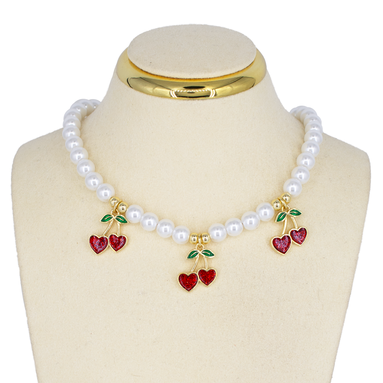 CADENA PERLAS CORAZON CEREZADA BAÑO EN RODIO