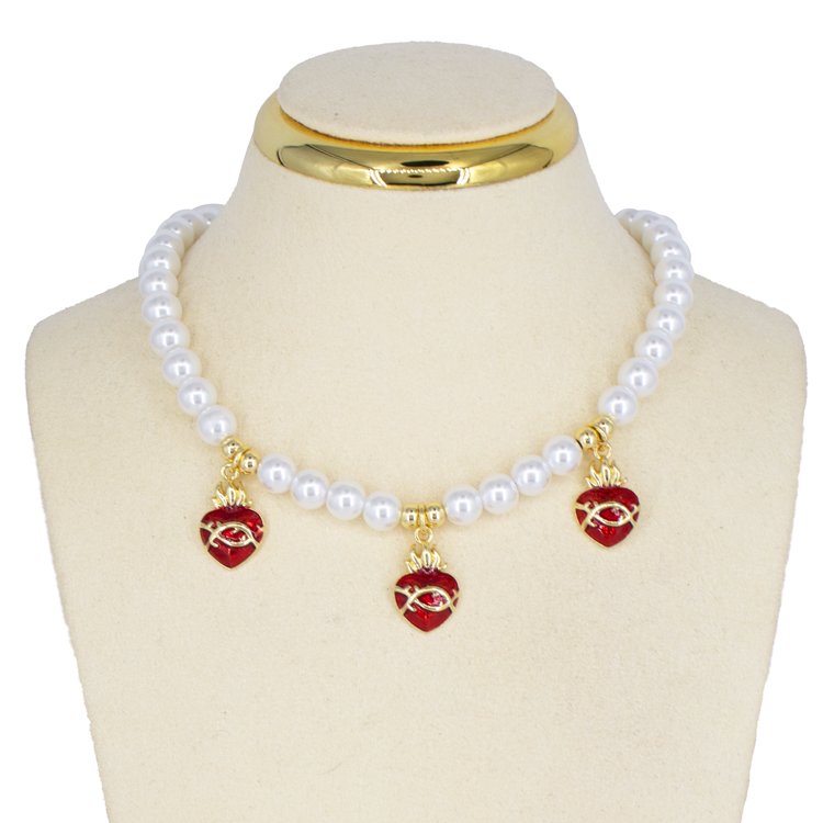 CADENA PERLAS CORAZON SAGRADO BAÑO EN RODIO