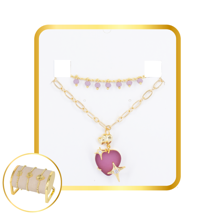 SET CORAZON MORADO +PULSERA REGALO BAÑO EN RODIO